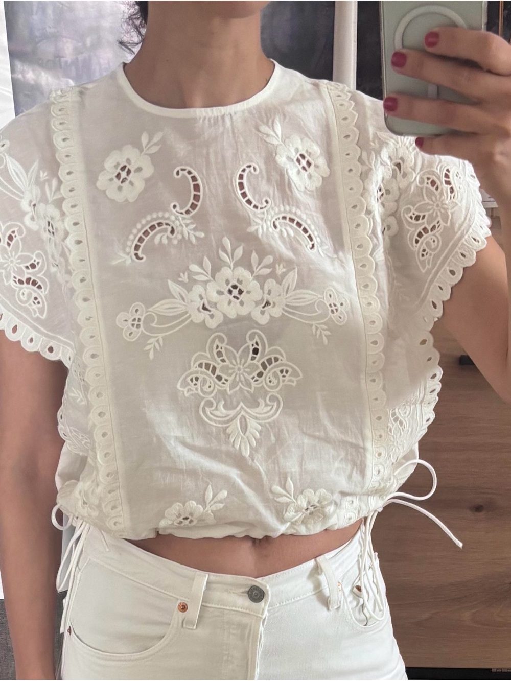 Sezane White Embroidered Flutter-Sleeve Blouse